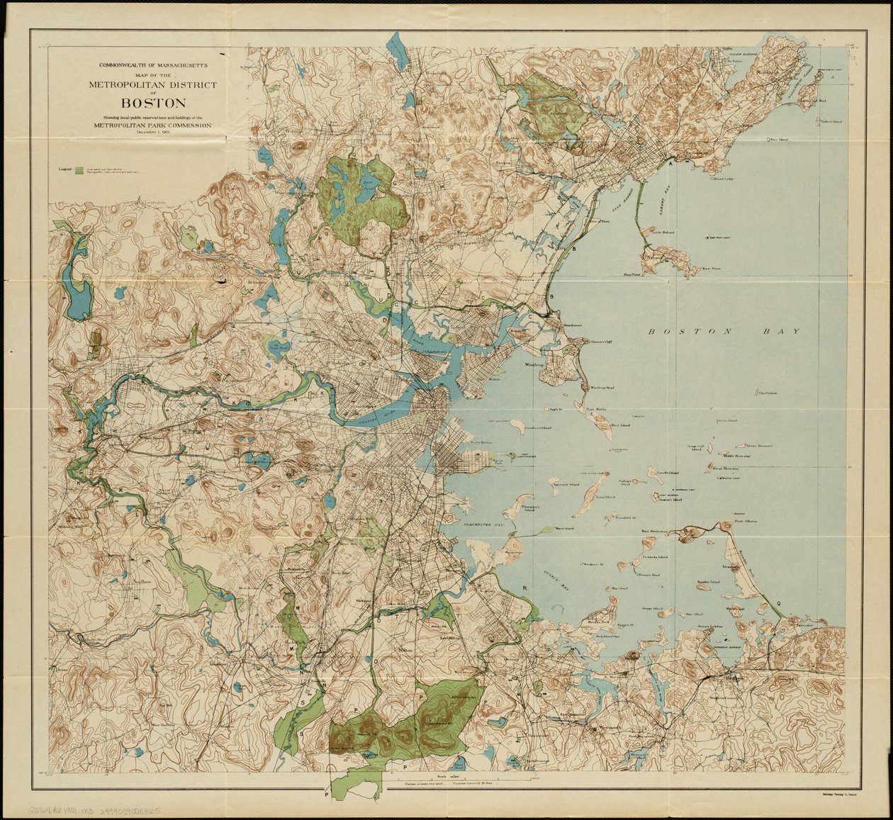 Karta över storstadsdistriktet Boston, Massachusetts: visar lokala offentliga reservationer och innehav av Metropolitan Park Commission, 1901 av American School