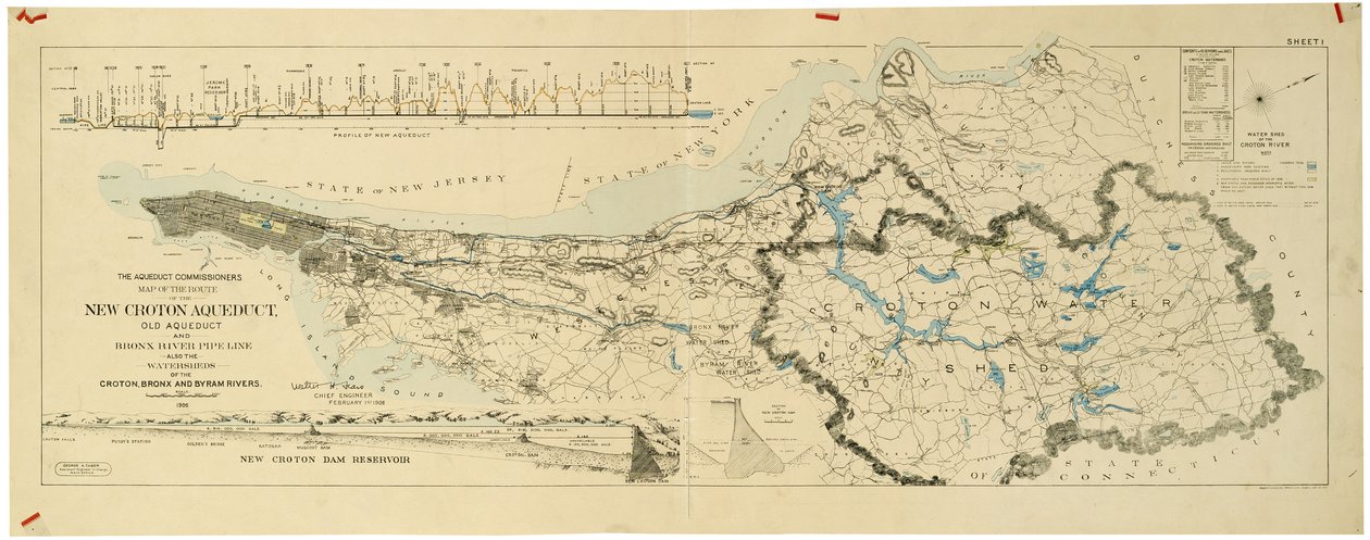 Karta över den nya Croton akvedukten, den gamla akvedukten och Bronx River pipeline, även vattendelare i Croton, Bronx av American School