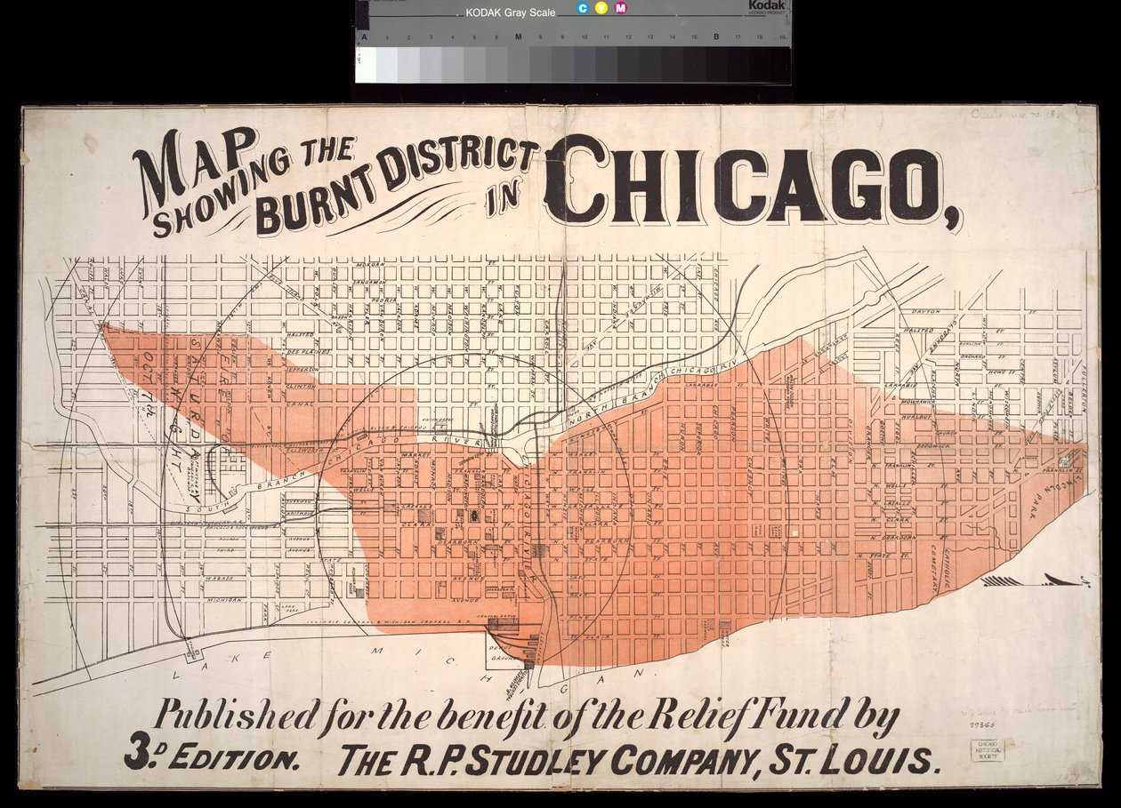 Karta som visar det brända distriktet i Chicago, ca 1872 av American School