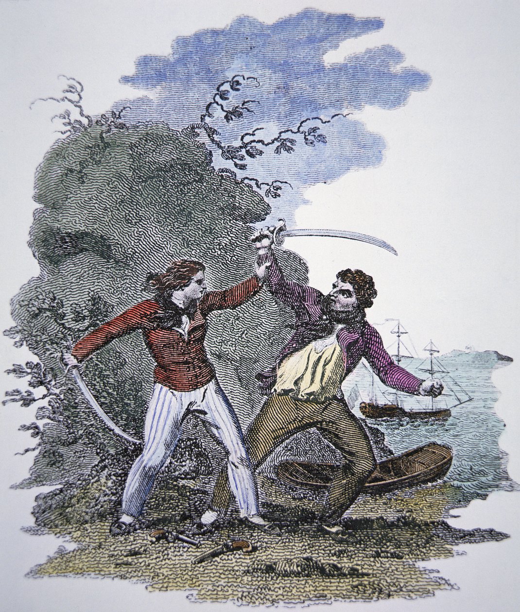 Mary Read slåss mot en annan pirat för att rädda sin manliga älskares liv (färgad gravyr) av American School