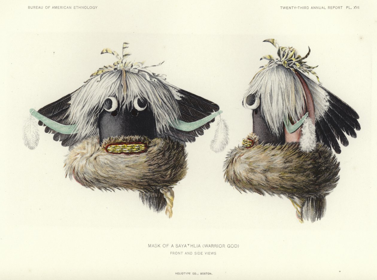 Mask av A Sayathlia (krigargud) - framifrån och från sidan (färglitografi) av American School