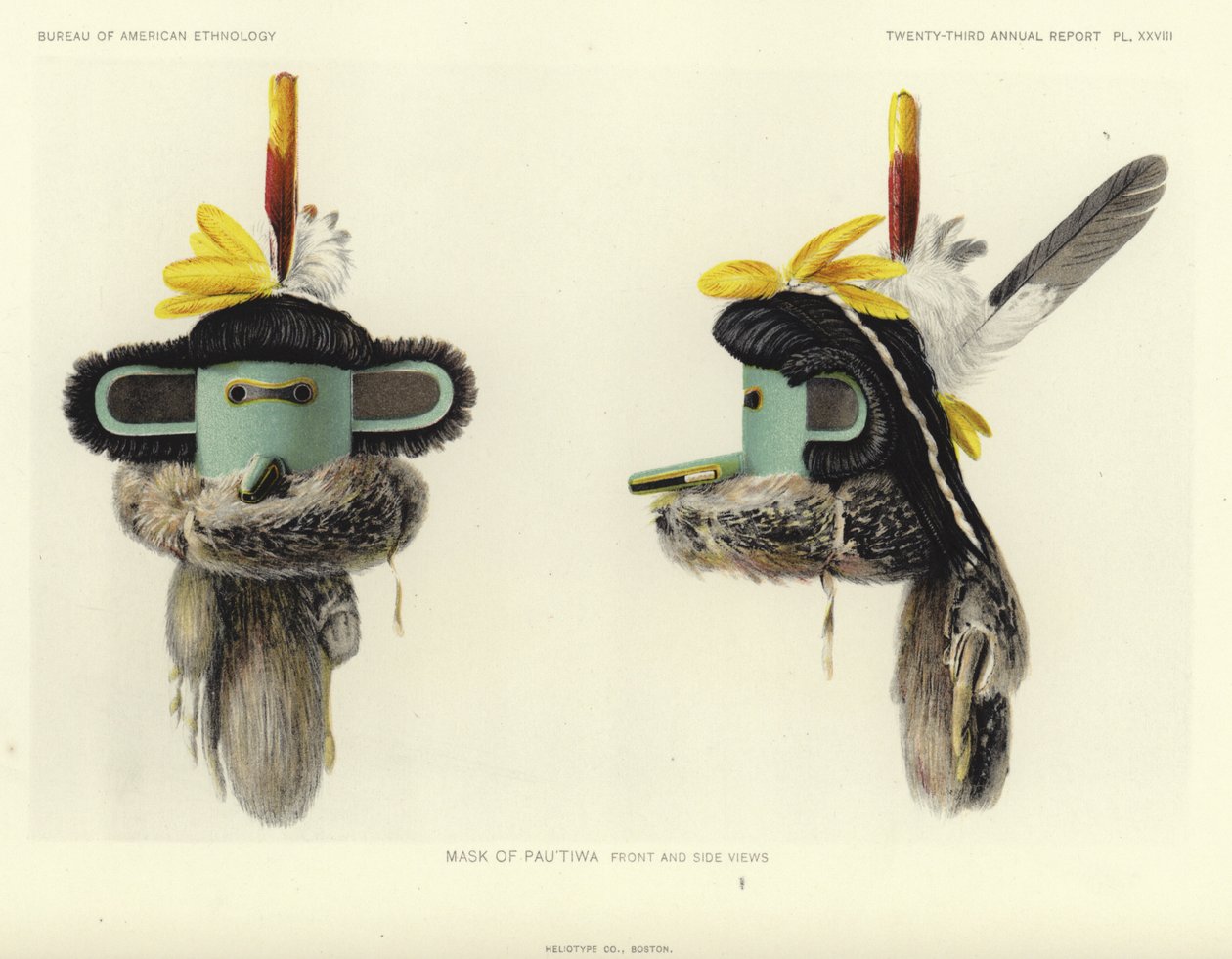 Mask av Pautiwa - framifrån och från sidan (färglitografi) av American School