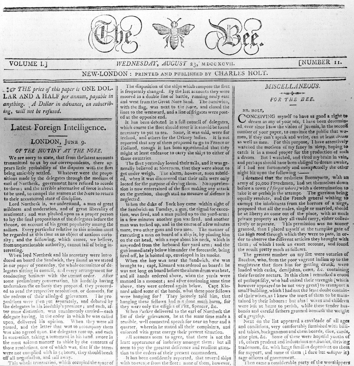 Masthead of The Bee, tryckt 23 augusti 1797 (tryck) av American School
