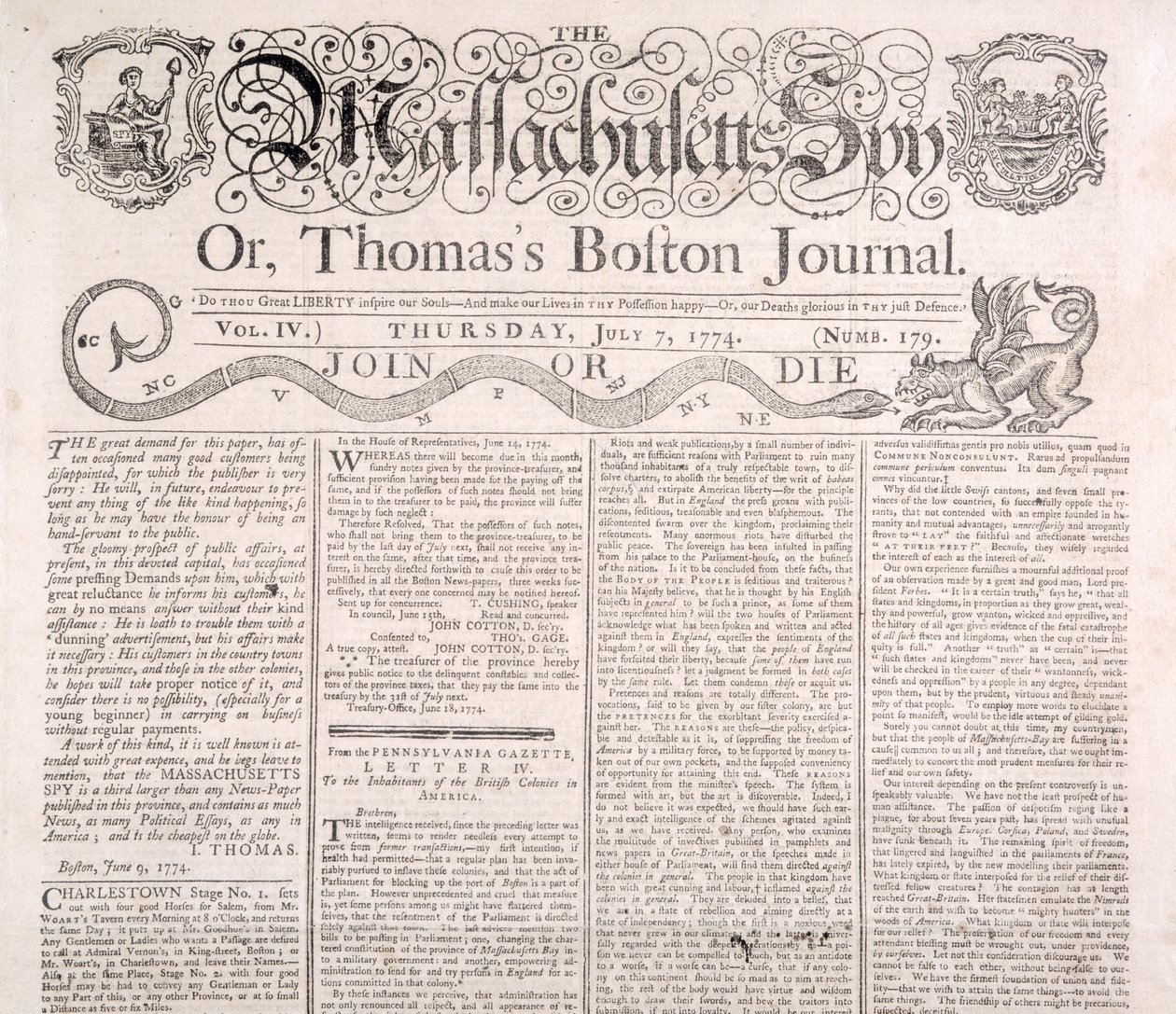 Masthead för Massachusetts Spy 7 juli 1774 (tryck) av American School