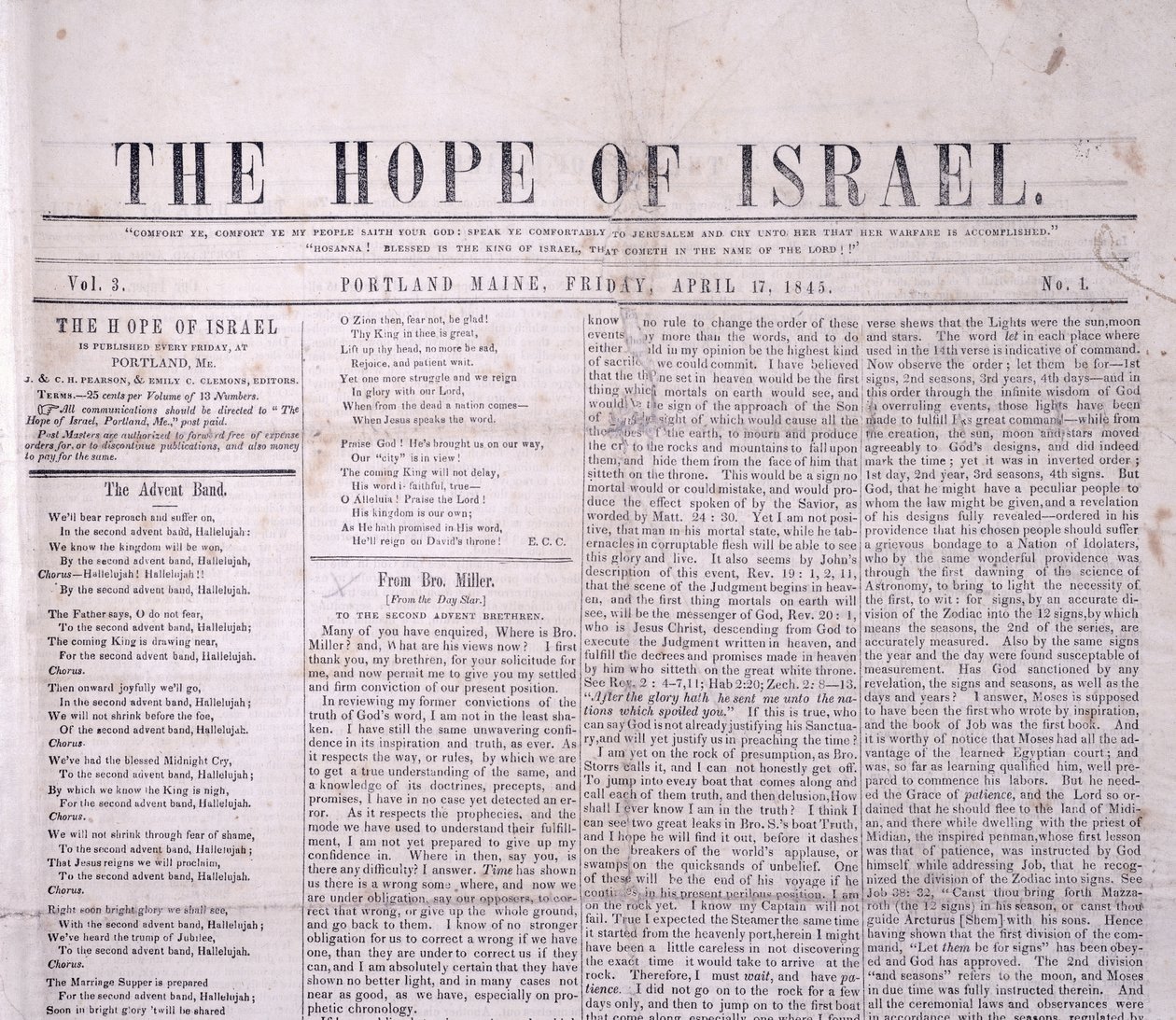 Masthead till The Hope of Israel, tryckt Portland, Maine 17 april 1845 (tryck) av American School