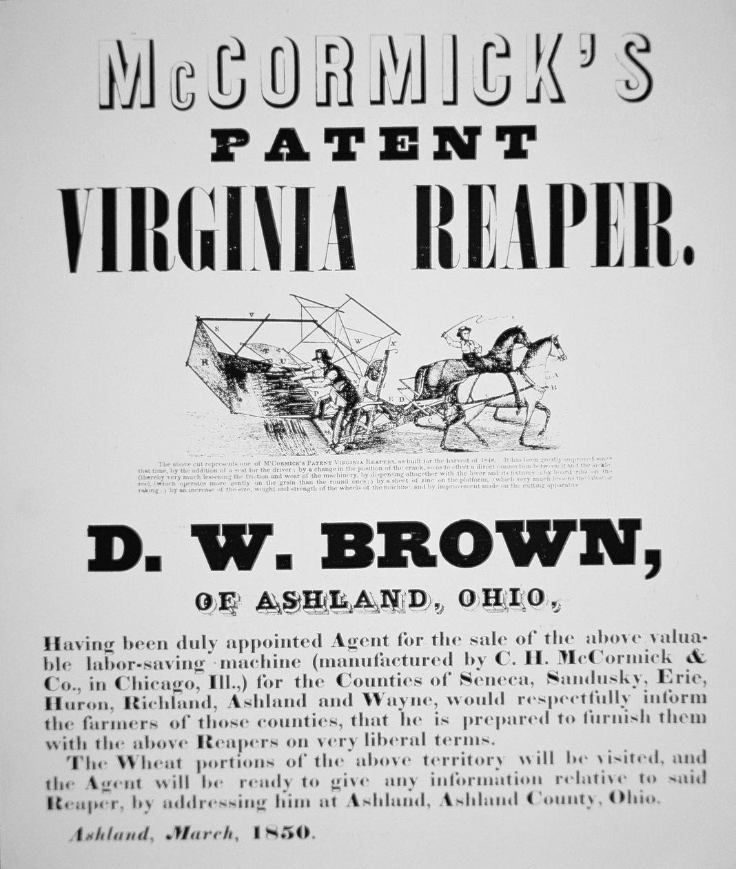 McCormicks patent Virginia Reaper annons av American School