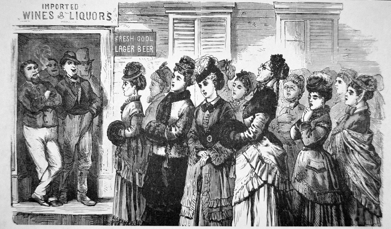 Medlemmar av National Christian Temperance Union sjunger psalmer och ber för vilsna själar i en saloon av American School