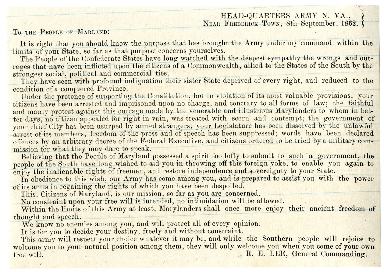 Meddelande till folket i Maryland för att stödja konfederationen, 8 september 1862 av American School