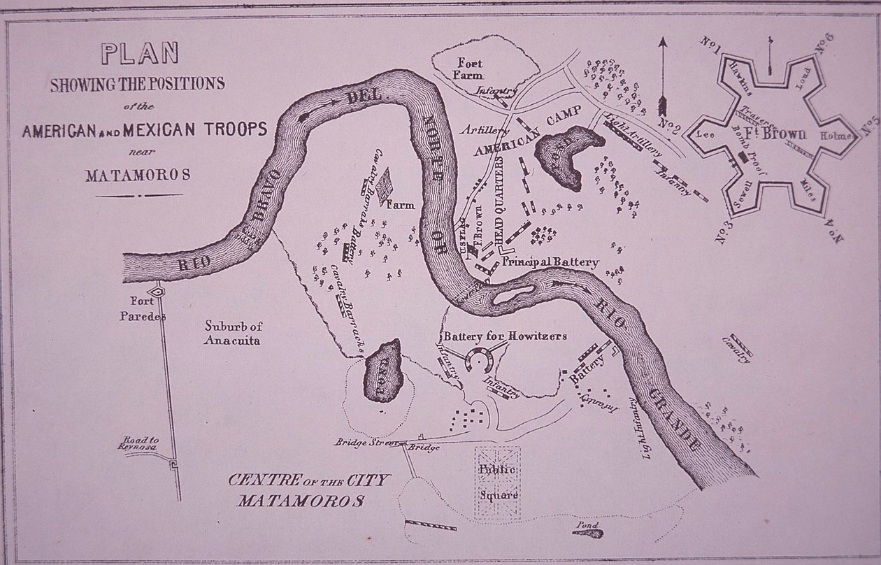Mexikansk-amerikanska kriget (1846-48), karta över amerikanska trupper nära Rio Grande och Matamoros av American School