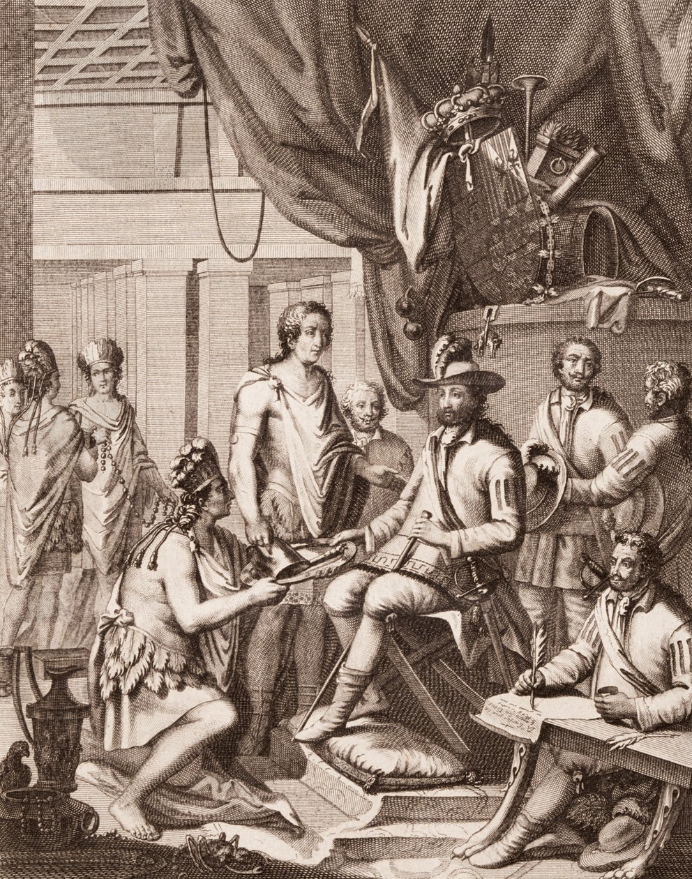 Montezuma överlämnar sitt imperium till kungen av Spanien, ger honom en hyllning och lovar hans lydnad, från Antonio de Solis y Rivadeneira Solis Historien om erövringen av Mexiko, graverad av Ximeno av American School
