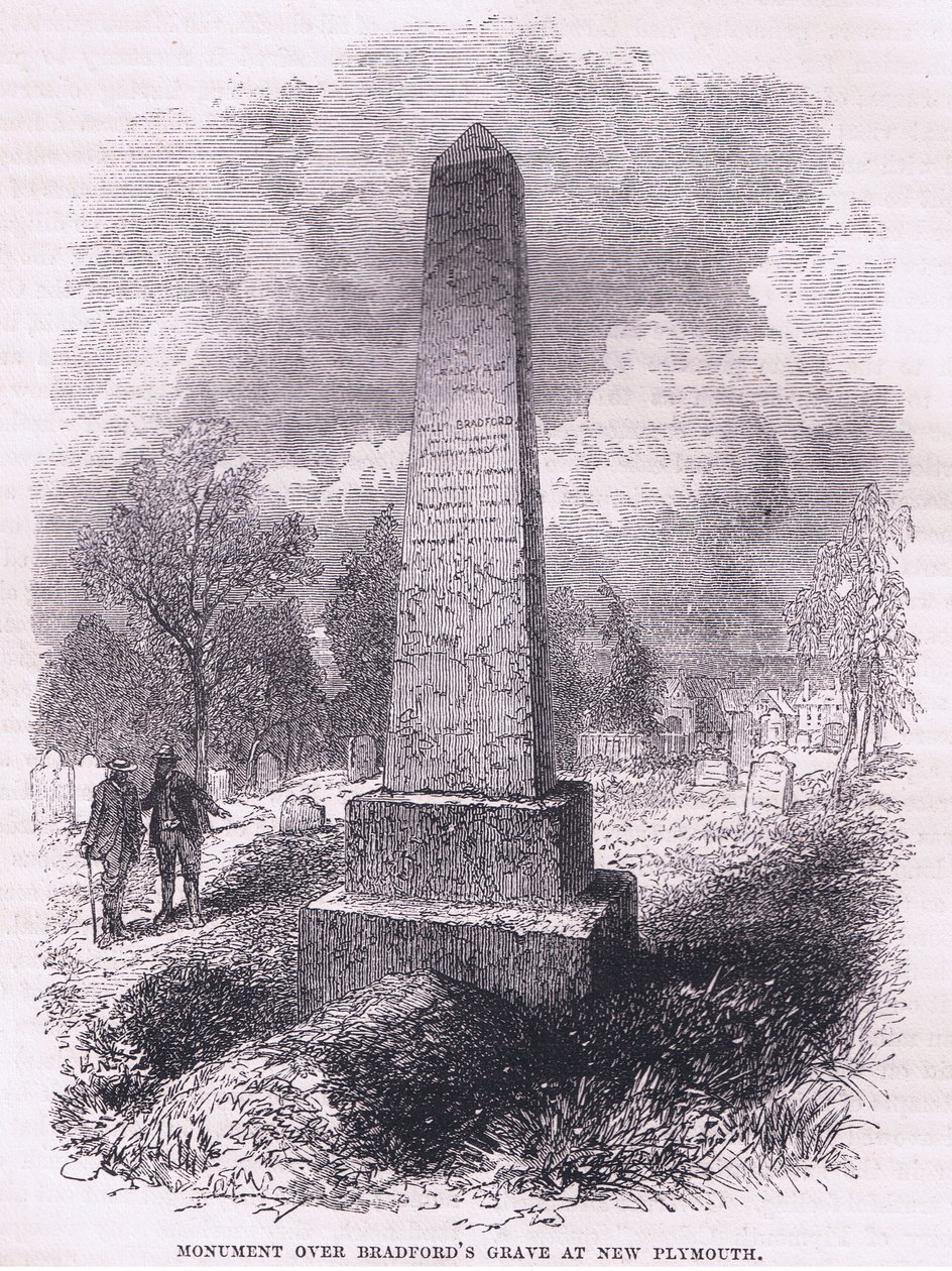 Monument över Bradfords grav i New Plymouth 1641, illustration från Cassell