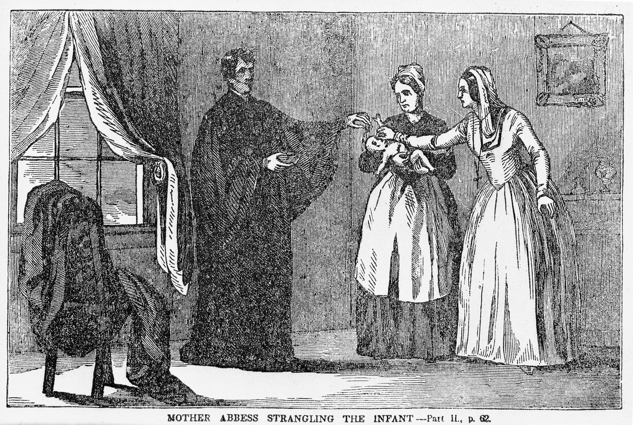 Mother Abbedss Stranging the Infant, illustration från en anti-katolsk broschyr av American School