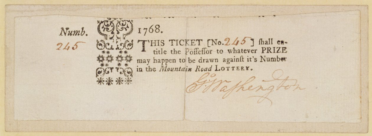 Mountain Road Lottery Ticket, signerad av George Washington (1732-99) 1768 (bläck på papper) av American School