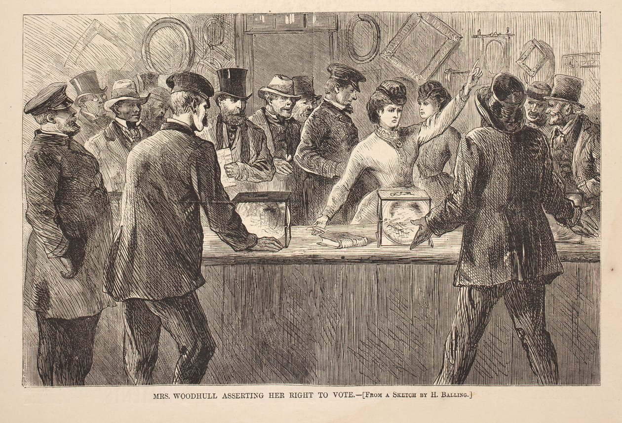 Mrs. Woodhull hävdar sin rösträtt, gravyr från Harper