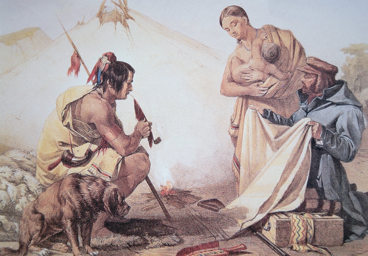 Indianer som handlar med päls (färg litho) av American School
