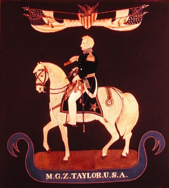 Handarbetsbild föreställande generalmajor Zachary Taylor till häst, ca 1846-55 (filt, siden, linne, bomull, metall, läder, glas, färg) av American School