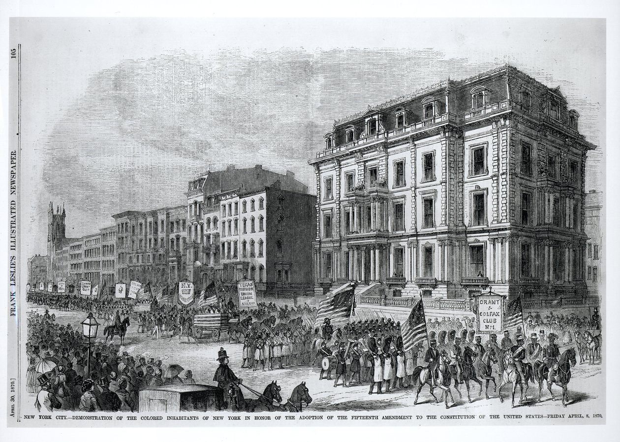 New York City: Demonstration av de färgade invånarna i New York för att hedra antagandet av det femtonde tillägget till Förenta staternas konstitution, 8 april 1870, från 