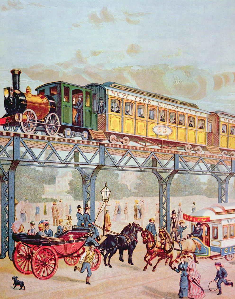 New York Elevated Railway, ca 1880 (färg litho) av American School
