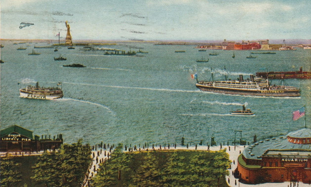 New Yorks hamn från batteriet, som visar Frihetsgudinnan och Ellis Island, ca 1910 av American School
