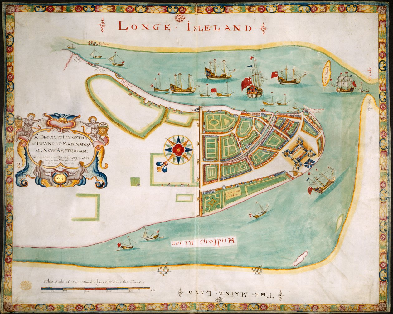 New York: plan över Manhattan, Long Island, Hudsonfloden och New Amsterdam av American School