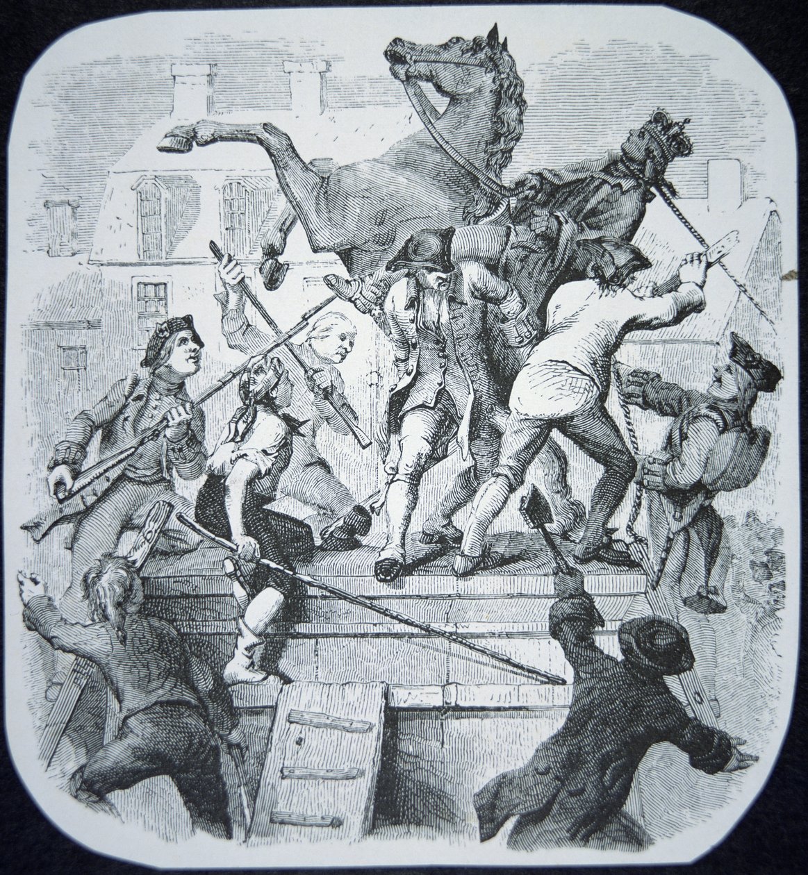 New York-rebeller drar ner statyn av den hatade George III av England (litho) av American School