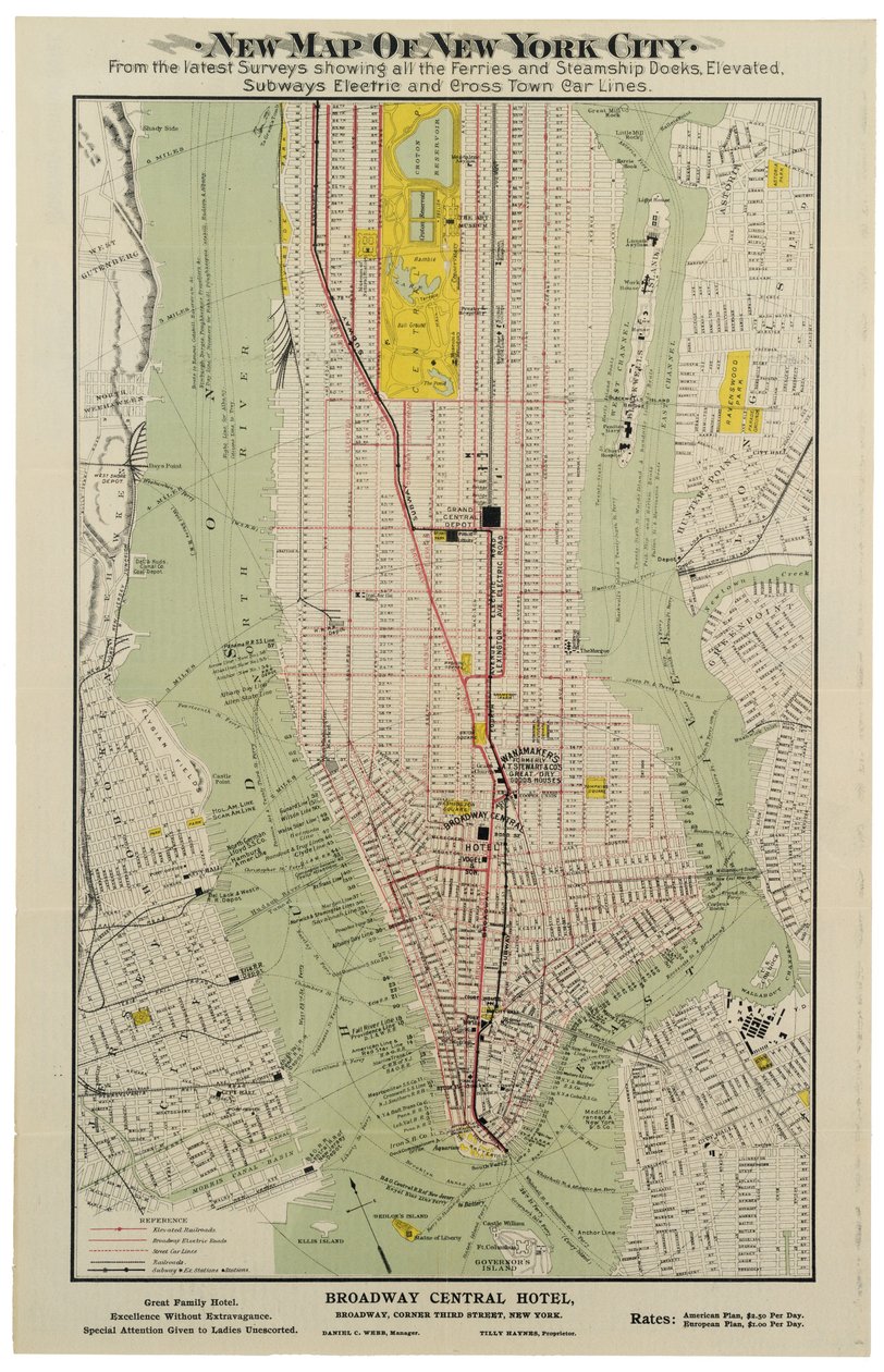 Ny karta över New York City från de senaste undersökningarna som visar alla färjor och ångfartygshamnar, förhöjda tunnelbanor elektriska [sic] och tvärgående stadsbilslinjer av American School