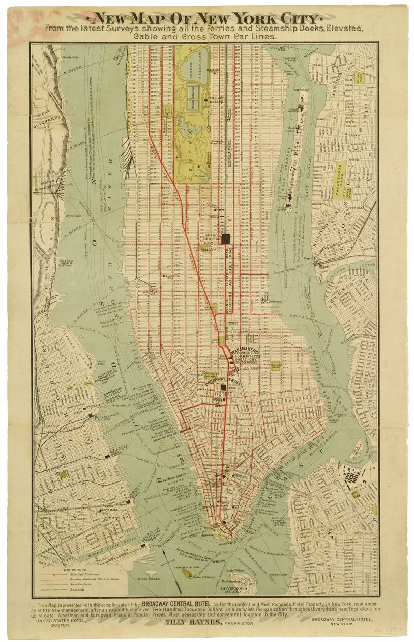 Ny karta över New York City från de senaste undersökningarna som visar alla färjor och ångfartygshamnar, förhöjda tunnelbanor elektriska [sic] och tvärgående stadsbilslinjer. av American School