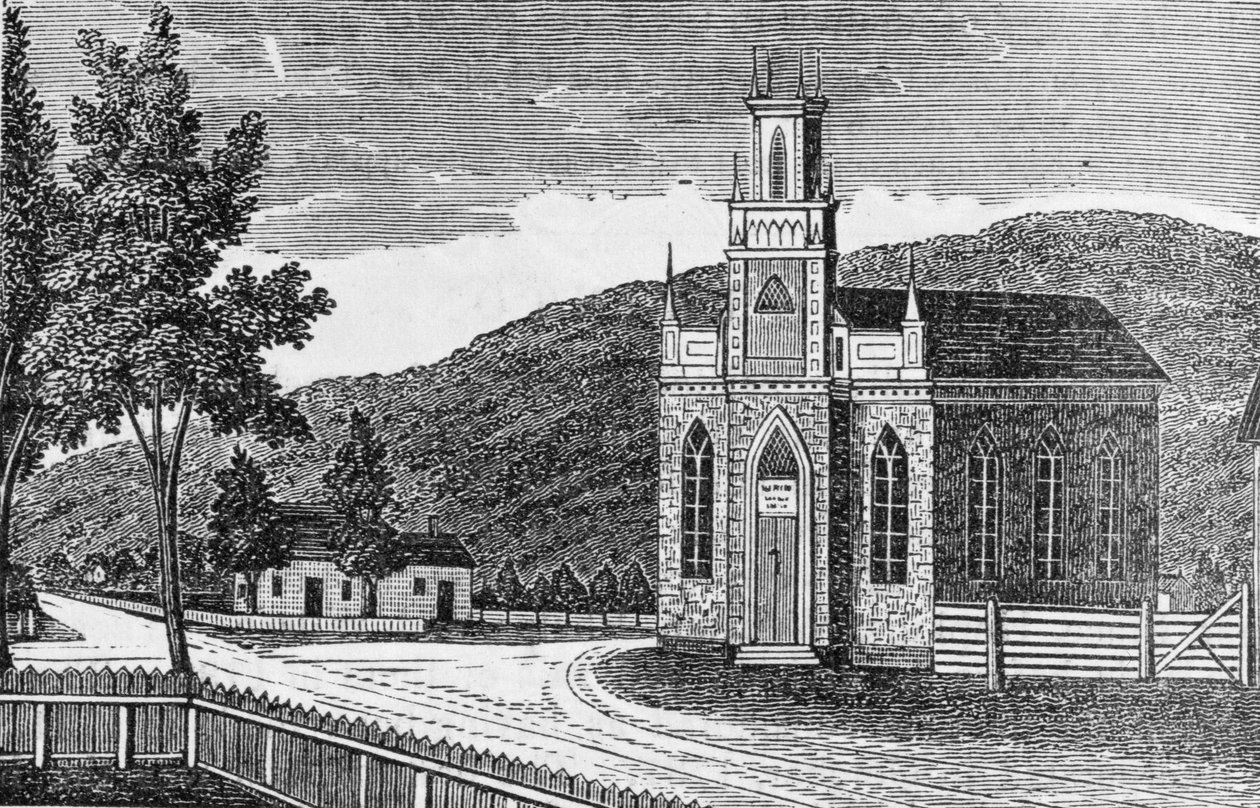 Nordostvy av den episkopala kyrkan, Kent, från "Connecticut Historical Collections", av John Warner Barber, 1856 av American School