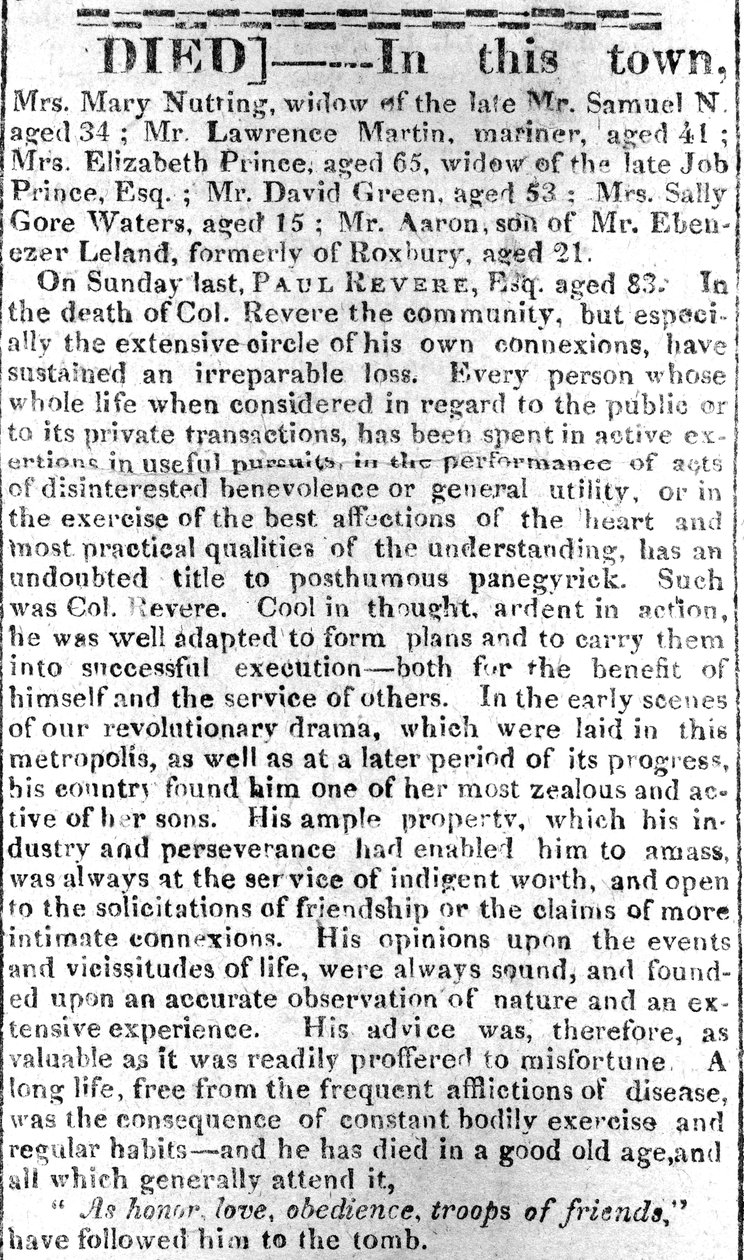 Nekrologsida från Boston Intelligencer, 16 maj 1818 (tryckt) av American School