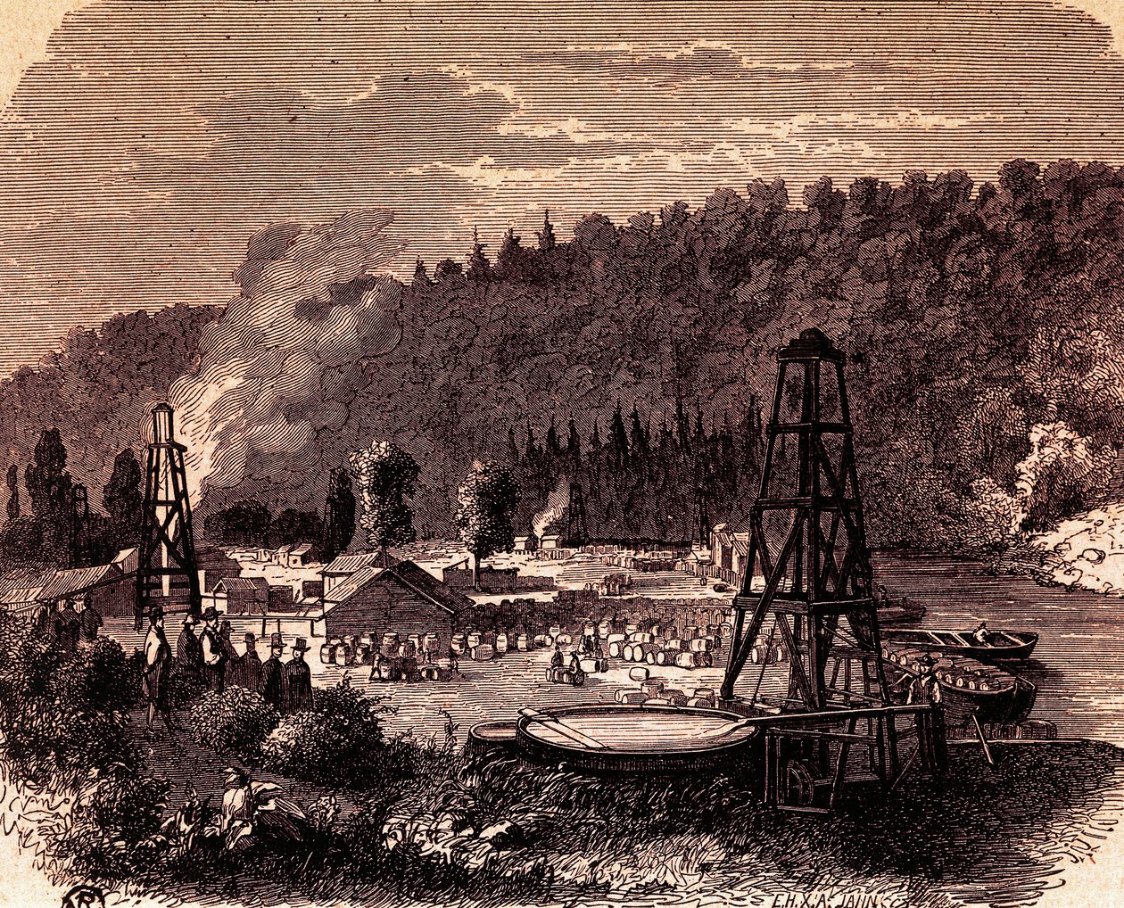 Oljefält i Titusville i Pennsylvania, med första brunn Derrick uppfann av Edwin Laurentine Drake 1859, gravyr, USA av American School