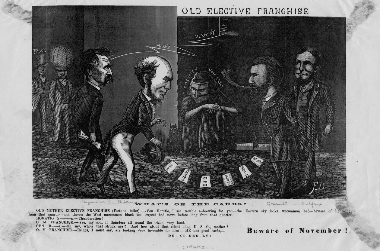 Gammal valfri franchise, vad står på korten? : se upp för november!, c. 1868 av American School