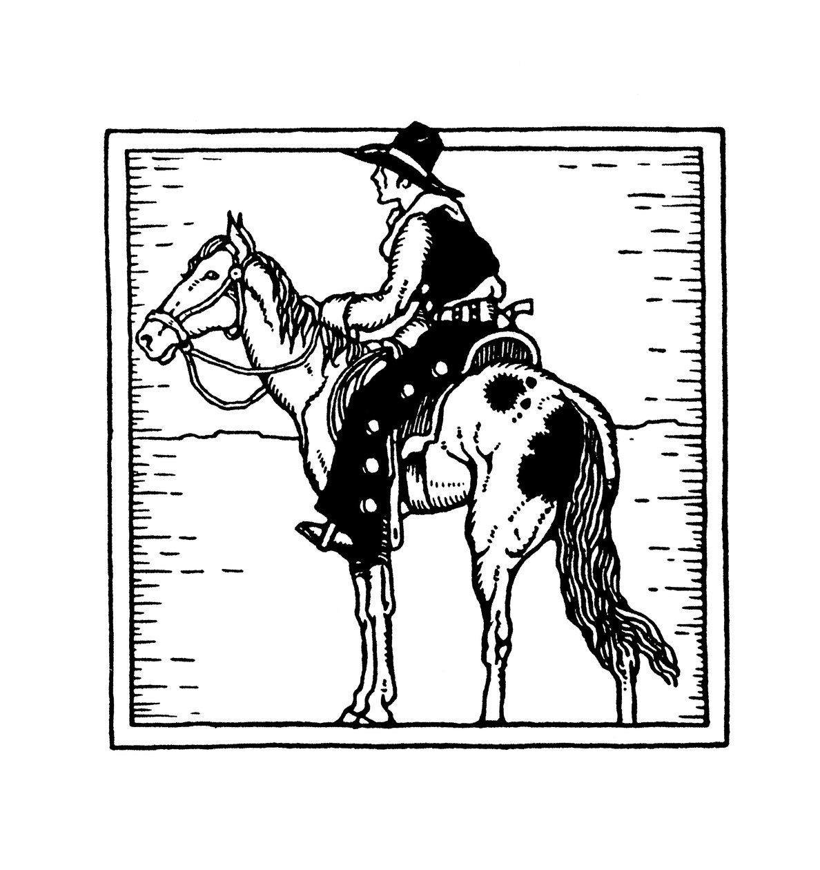 Gammal västamerikansk cowboy till häst av American School