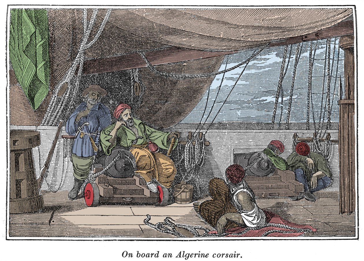 Ombord på ett skepp av algeriska pirater Illustration från "The Pirates Own Book, autentiska berättelser om de mest berömda sjörövarna"" av Charles Ellms, Boston 1837 av American School