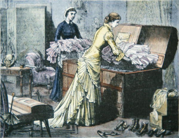 Packar Saratoga Trunk för tågresa till Saratoga Springs, New York, ca 1880 (färgad gravyr) av American School