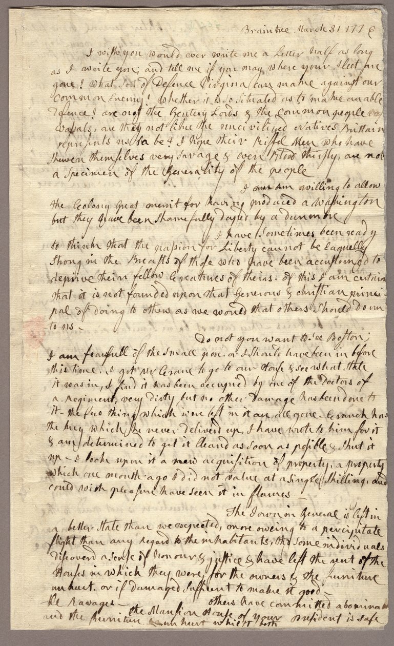 Sida 1, Brev från Abigail Adams till John Adams, 31 mars - 5 april 1776 (bläck på papper) av American School