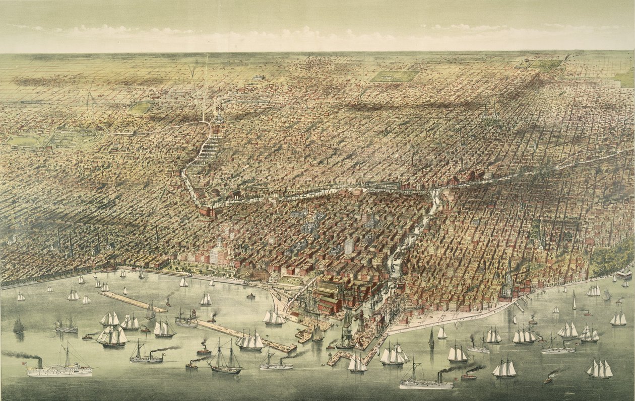 Panoramavy över staden Chicago, pub. 1892 (färglitografi) av American School