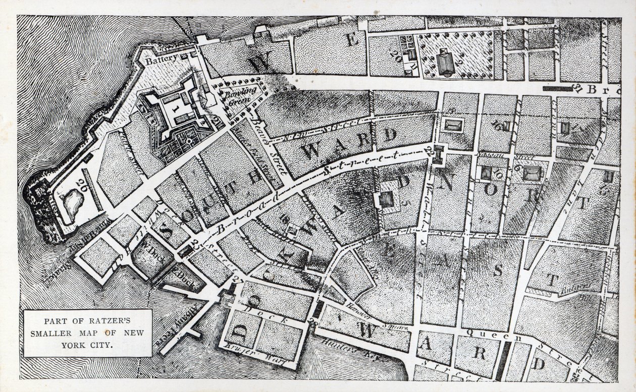 En del av Bernard Ratzers mindre karta över New York City (litho) av American School