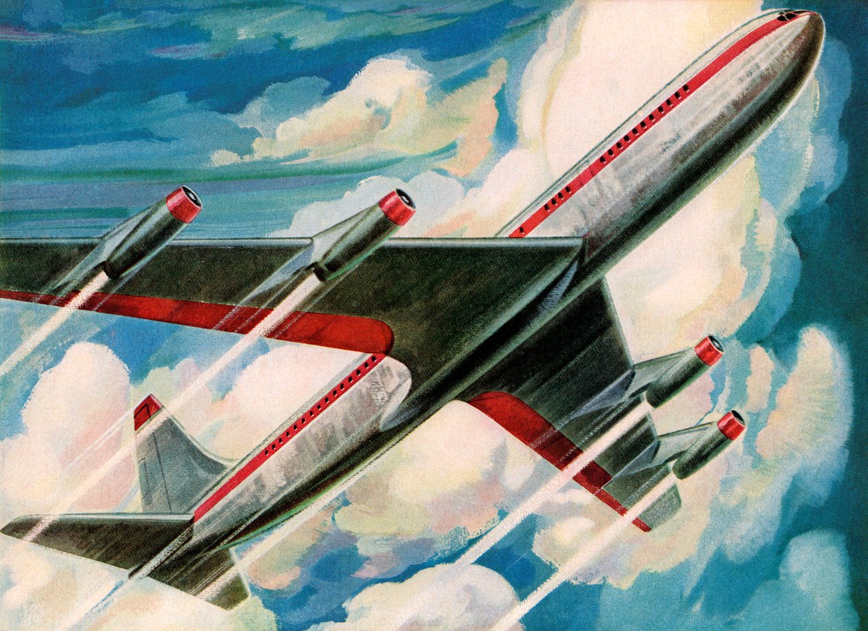 Passagerarflygplan zoomar in i himlen av American School