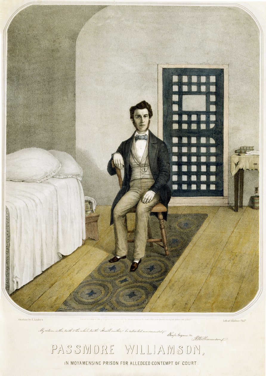 Passmore Williamson i Moyamensing-fängelset för påstått domstolstrots, pub. 1855 (färglitografi) av American School