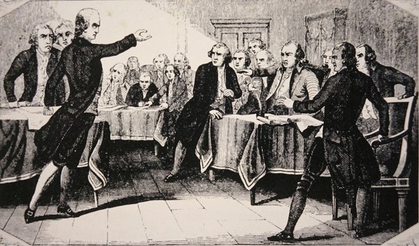 Patrick Henry inför Virginia Assembly i mars 1775 (litho) av American School