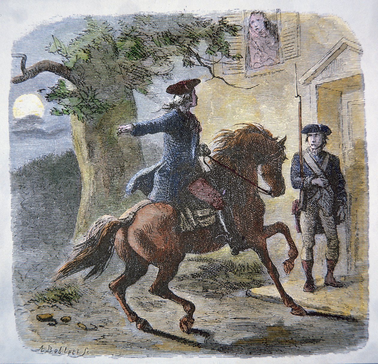 Paul Reveres berömda åktur natten den 18 april 1775 (färg litho) av American School