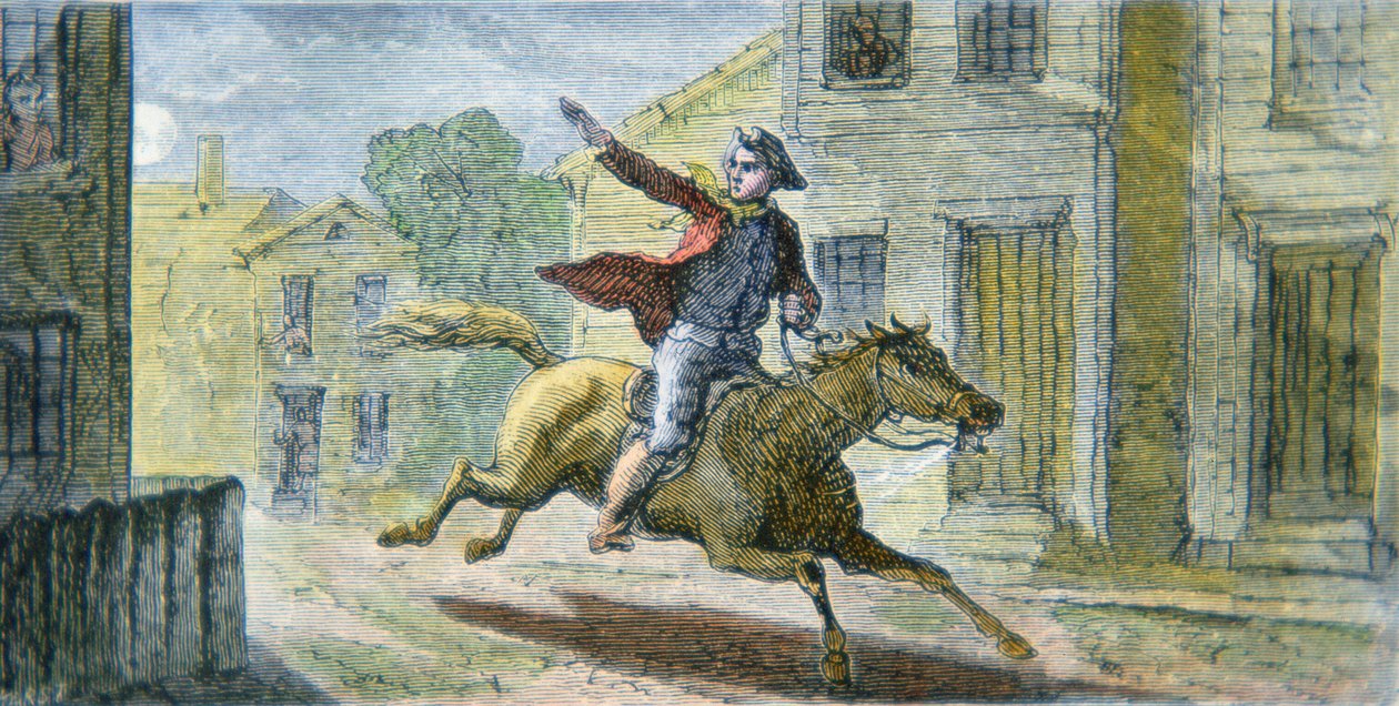 Paul Reveres berömda åktur natten den 18 april 1775 (färg litho) av American School