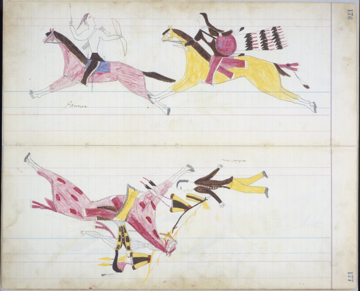 Pawnee jagad av Cheyenne och en vit man dödad av Crooked Lance, illustration från "Black Horse Ledger" av American School