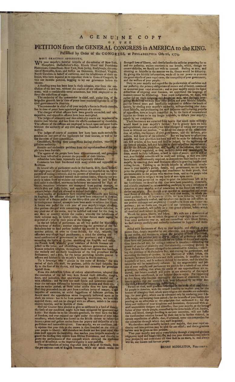 Framställning från generalkongressen i Amerika till kungen, kontinentalkongressen, 26 oktober 1774 av American School