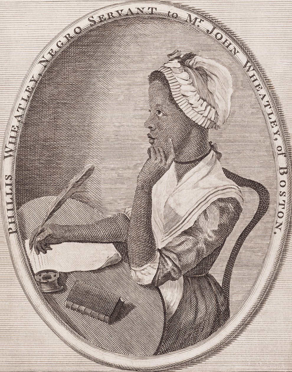 Philiis Wheatley (1753-1784). Afroamerikansk poet. Graverat frontispice till hennes "Poems" (Dikter), 1773. av American School