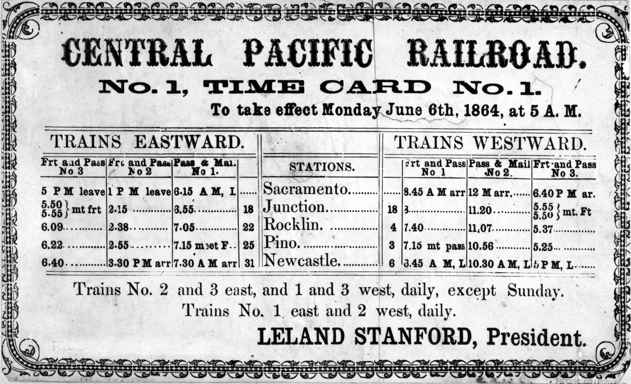 Fotografiskt tryck av Central Pacific Railroad Companys ursprungliga tidtabell för den 6 juni 1864, 1864 av American School