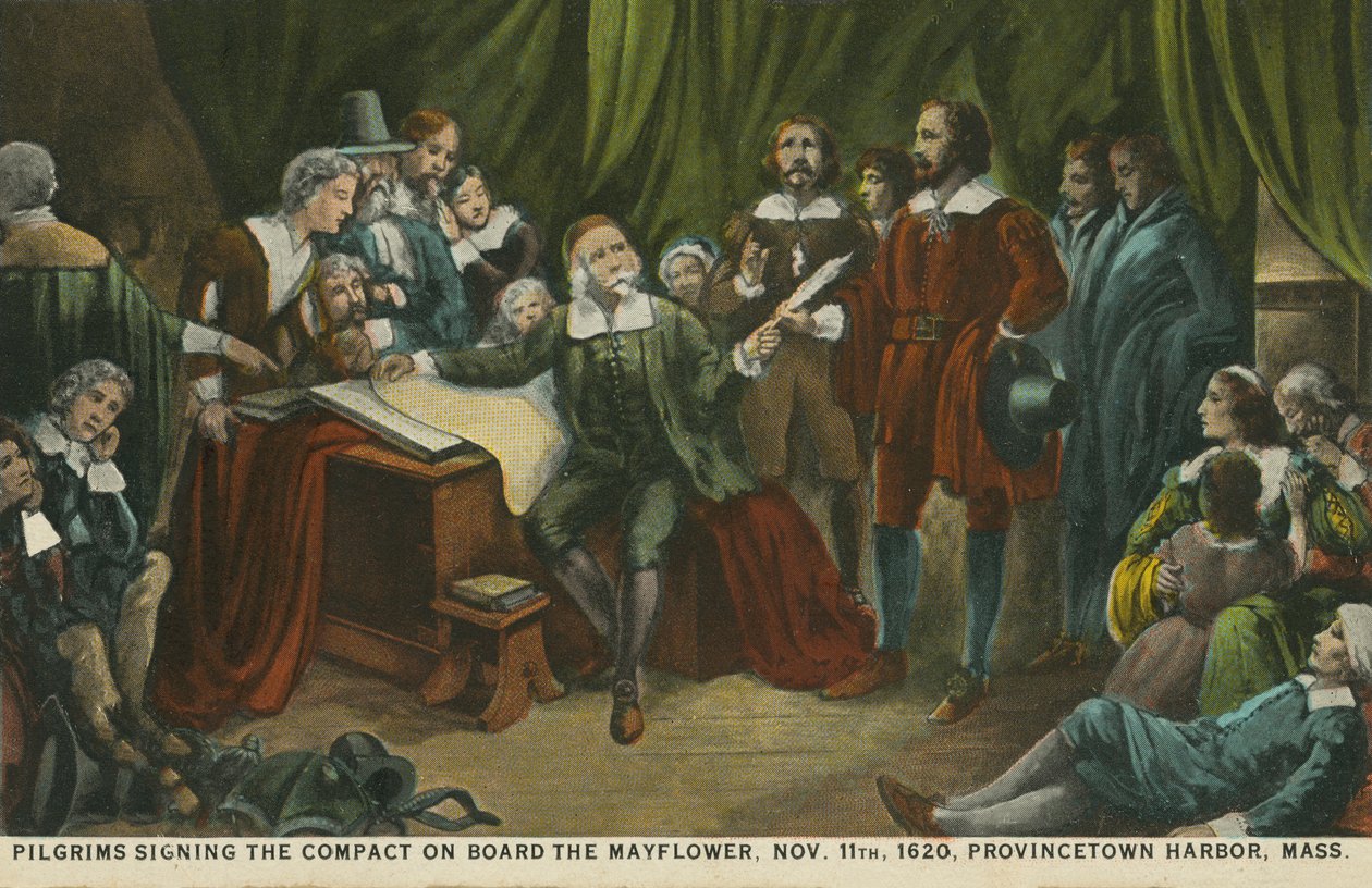 Pilgrimer undertecknar pakten ombord på Mayflower, Princetown Harbour, Massachusetts av American School