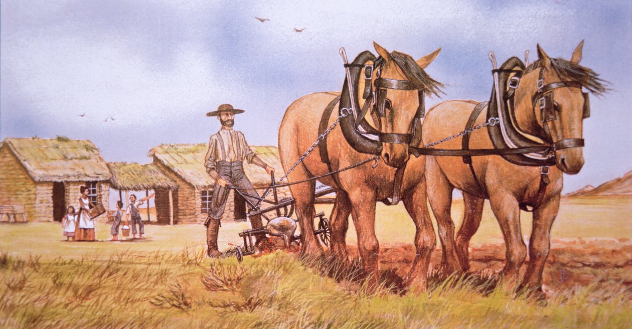 Pioneer bonde (färg litho) av American School
