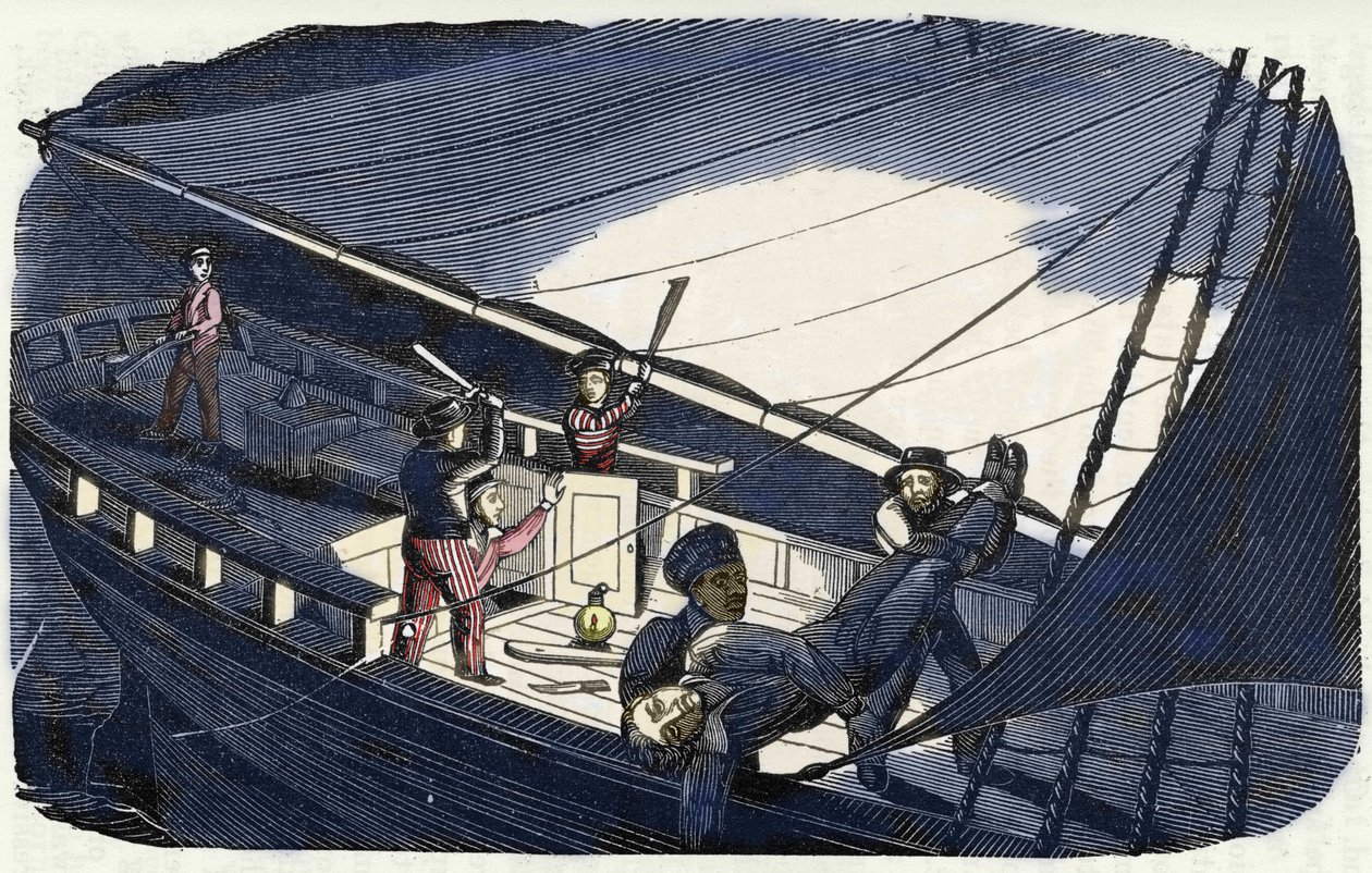 Piraten Charles Gibbs (tidigt 1800-tal) dödar kapten Thornby och kastar honom i havet. Gravyr av "Piratens egen bok" 1837. av American School