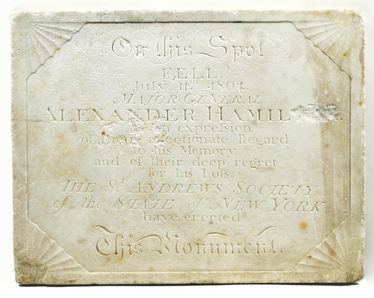 Platta för cenotafen som markerar platsen där Alexander Hamilton sårades dödligt under en duell med Aaron Burr, ca 1805 (marmor) av American School